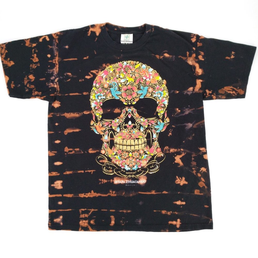 Sugar Skull Karani Art Custom Dye Floral T-Shirt L